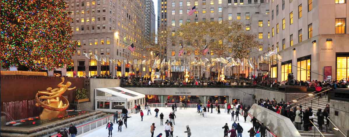 A photo of people ice skating at the Rockefeller Rink 