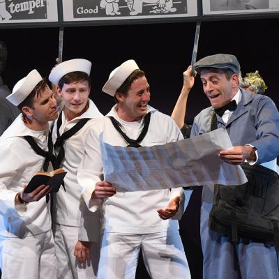 Evan Casey (Chip), Sam Ludwig (Ozzie), Rhett Guter (Gabey), and Bobby Smith (Bill Poster) in ON THE TOWN, now playing at Olney Theatre Center. (Photo: Stan Barouh)