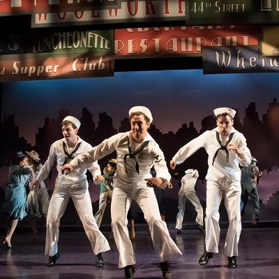 Sam Ludwig (Ozzie), Rhett Guter (Gabey), and Evan Casey (Chip) in ON THE TOWN, now playing at Olney Theatre Center. (Photo: Stan Barouh)