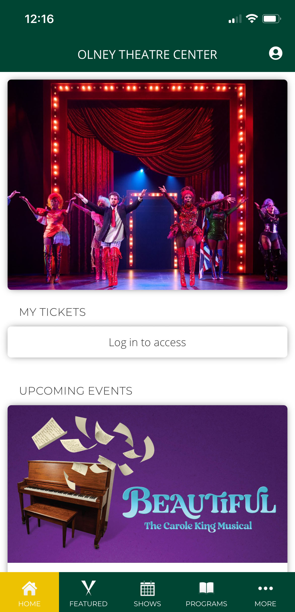 Olney Theatre's app home screen