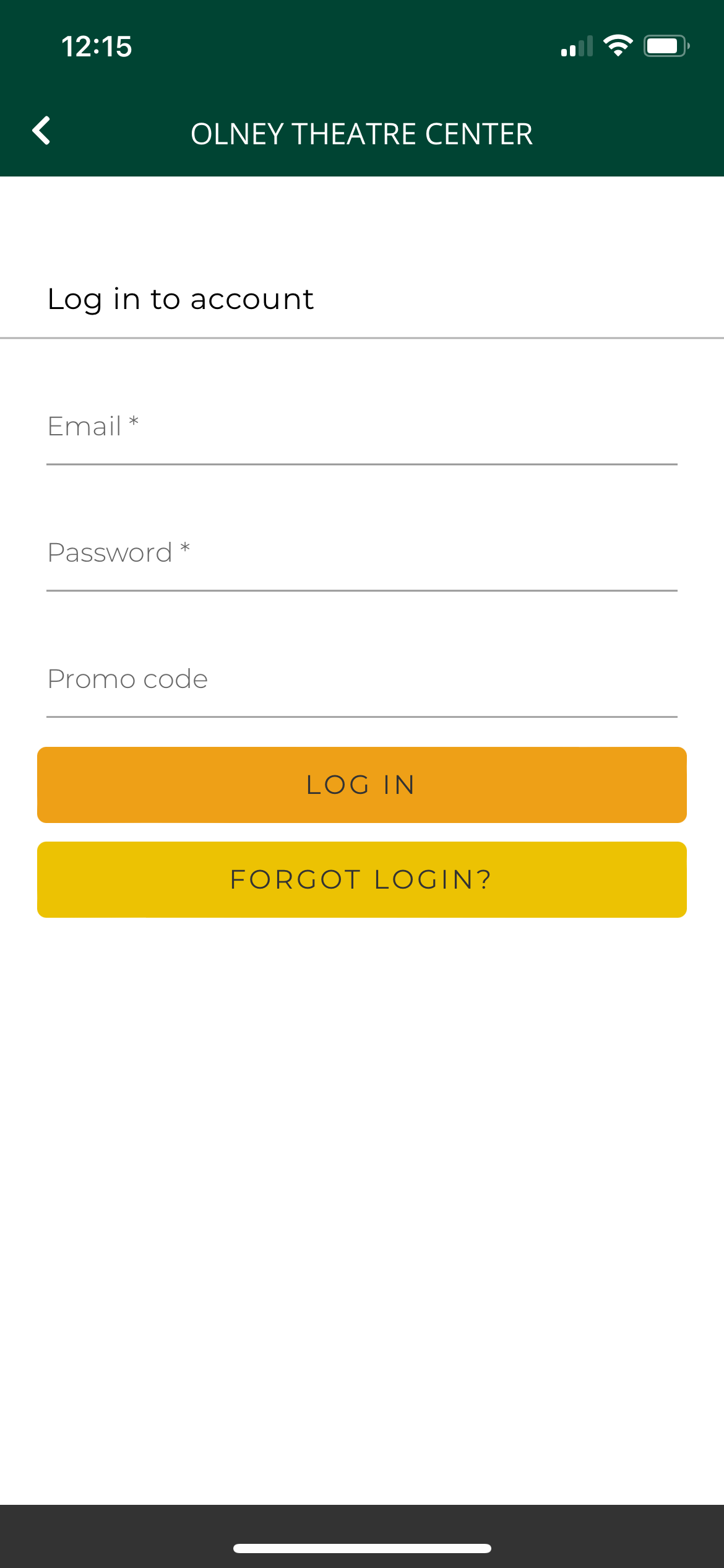 Log-in Account Page for Olney theatre Center app