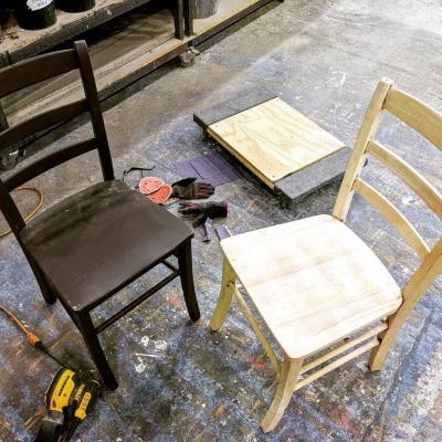Sanding chairs for the National Players' The Diary of Anne Frank 