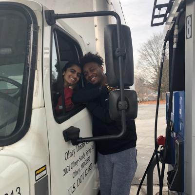 CJ and Saira filling up the truck