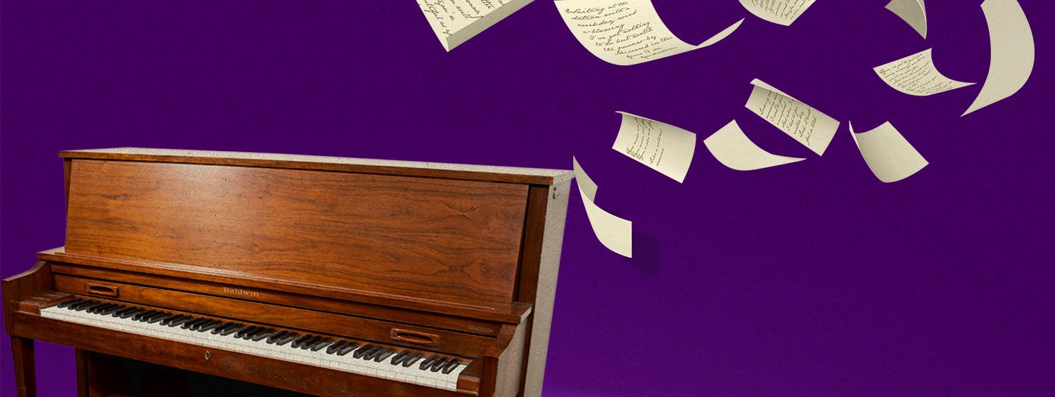 Beautiful key art piano and sheet music flying in wind with purple backround