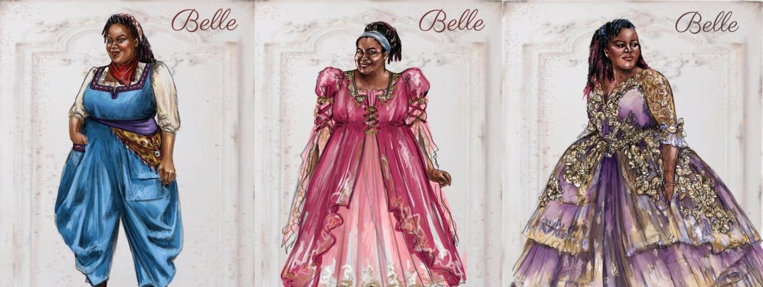 Renderings of Jade Jones as Belle in her costumes for Beauty and the Beast