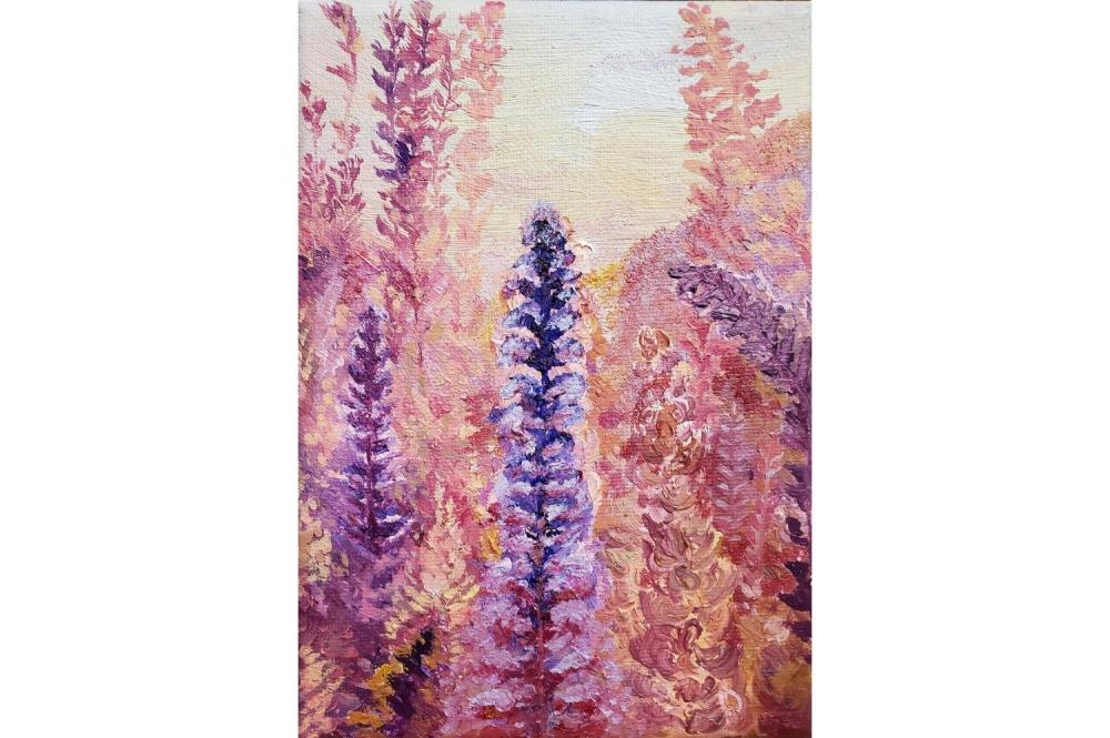 Painting of a tree in the winter in pinks and purples