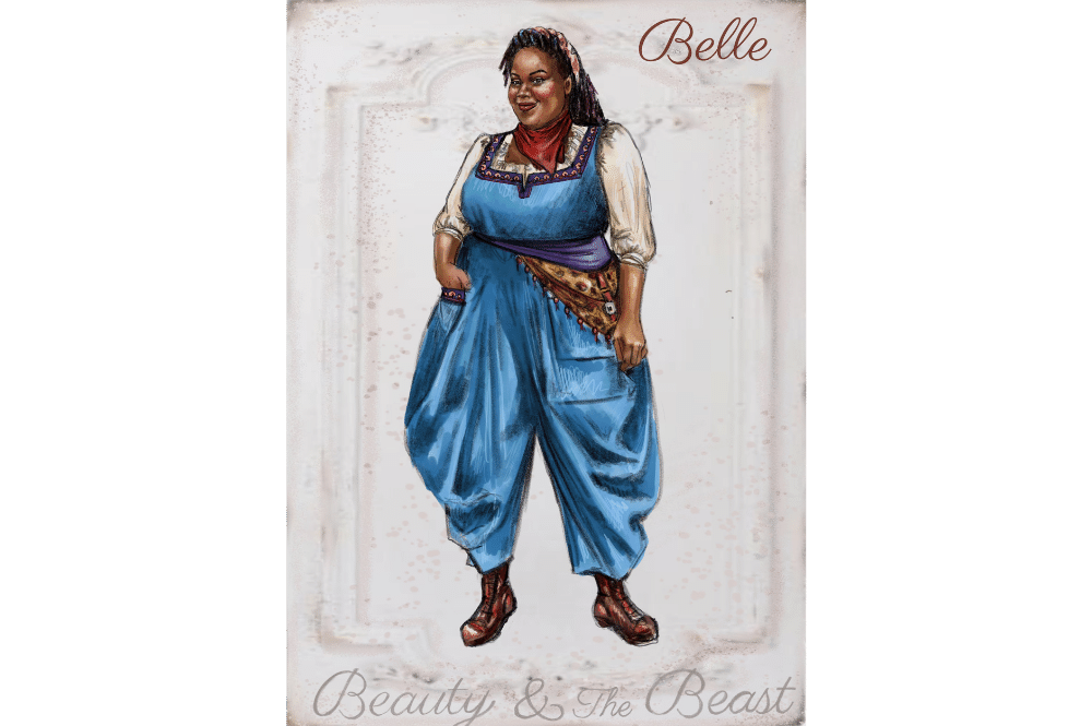 Rendering of Jade Jones as Belle in her village costume