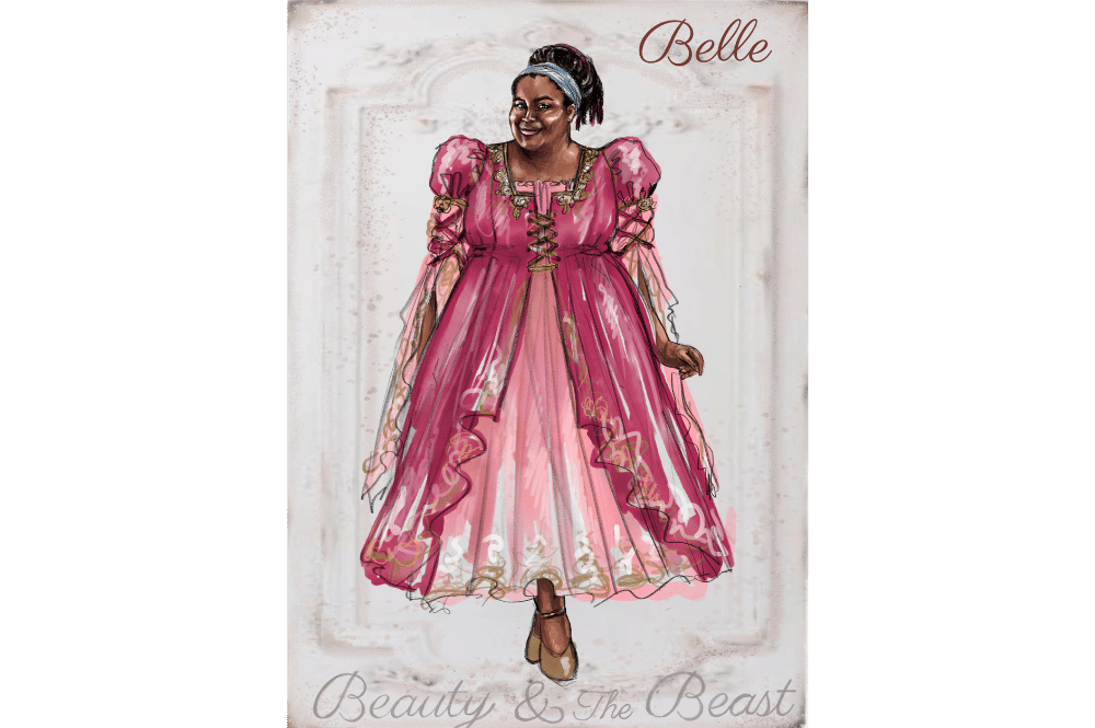 Rendering of Jade Jones as Belle in her pink princess dress