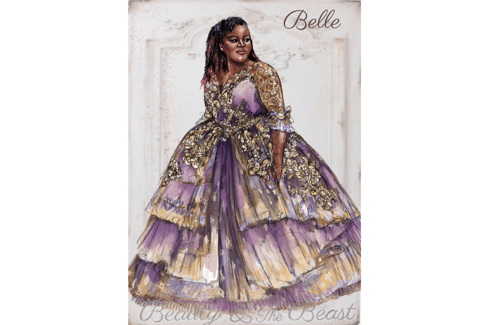 Rendering of Jade Jones as Belle in the iconic ball gown costume