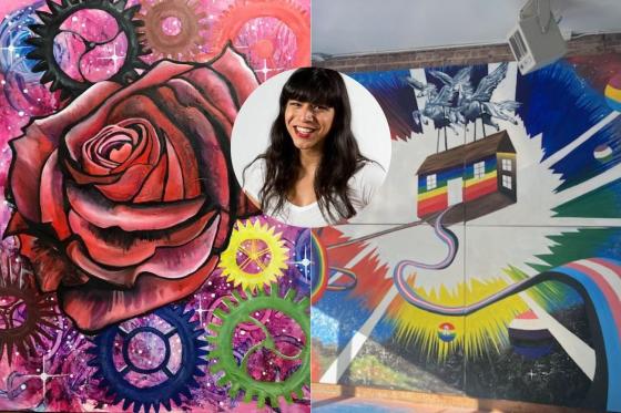 Headshot of Laya Monarez over two paintings, rainbow colors