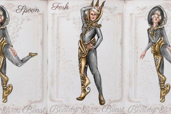 Costume renderings of a fork, knife, and spoon from Beauty and the Beast